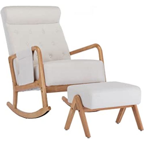 GNIXUU Glider Chair with Ottoman, Rocking Chair for Nursery, Upholstered Fabric Rocking Armchair Indoor with High Backrest for Living Room(Beige)