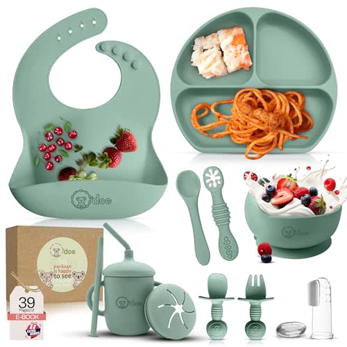 O'doe 11-Piece BPA-Free Silicone Baby Feeding Set | Thick & Soft Suction Plates, Baby Bowls, Wooden Fork & Spoon, and More | Make Mealtime Fun and Easy for Your Little One (Green, V1)