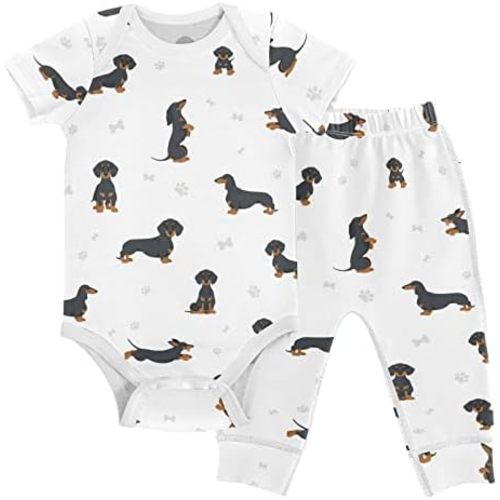 vvfelixl Baby Pants Sets Black Dachshund Long Haired Short Sleeve Baby Clothes for Boys Girls 0-24M