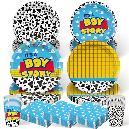 120pcs Toy Baby Shower Decorations It's Boy Plates Napkins | Paper Cup Disposable Tableware Set Cartoon Baby Shower Party Kids For 30 Guests