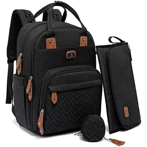 Dikaslon Diaper Bag Backpack with Portable Changing Pad, Pacifier Case and Stroller Straps, Large Unisex Baby Bags for Boys Girls, Multipurpose Travel Back Pack Moms Dads, Black