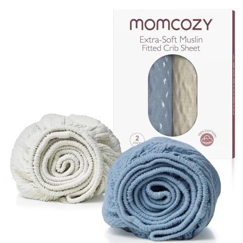 Momcozy Muslin Standard Fitted Crib Sheets, 52"x28", 2 Pack Soft Breathable Natural Cotton Baby Mattress Sheet, 360° Mattress Wrapping No Slip Boys Girls Neutral Toddler Bed Sheet, Sky Realm Blue Grey