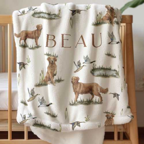 Personalized Coming Home Blanket Baby Boy Gift Golden Retriever Baby Blanket Dog Nursery Boy Mallard Baby Shower Gift Custom Name Blanket