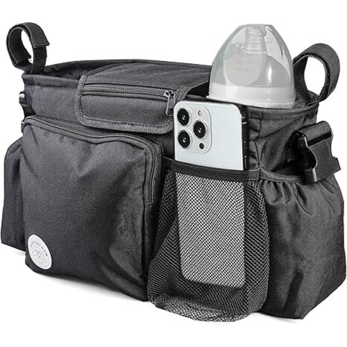 Universal Stroller Organizer - Stroller Caddy with Insulated Cup Holder, Transparent Phone Pocket, Adjustable Strap - Polyester Bag for Baby Accessories - Fits Single & Double Strollers