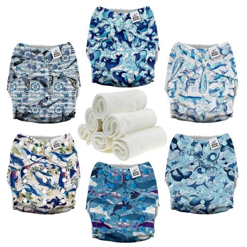Mama Koala 3.0 Pocket Cloth Diapers for Babies with AWJ Lining, 6 Pack with 6 4-Layer Natural Cloth Diaper Inserts - Reusable and Washable Pocket Diapers(Whales)