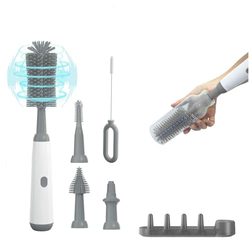Electric Baby Bottle Brush Cleaner with Extended Handle & Drying Holder, Baby Bottle Brush Set with Silicone Bottle/Nipple/Crevice/Brush,Straw Cleaner,Lifesaver Automatic Bottle Cleaner,Gray
