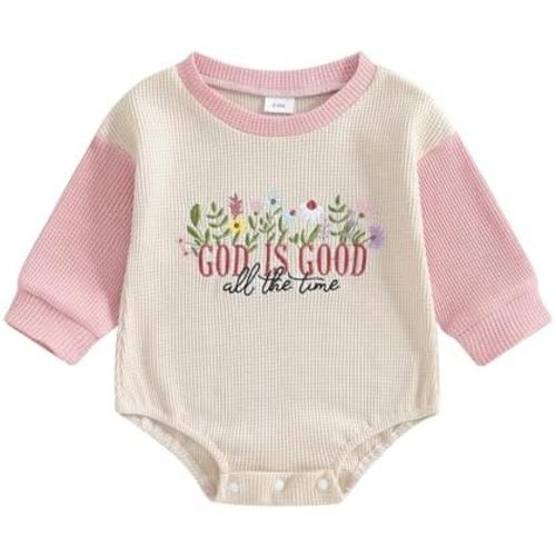 Baby Girl Christian Clothes God is Good Flower Embroidery Bubble Romper Waffle Long Sleeve Bodysuit Fall Outfits