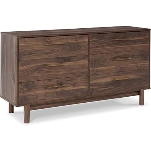 Signature Design by Ashley Calverson Contemporary 6 Drawer Dresser with Burnished Goldtone Pulls, Dark Brown