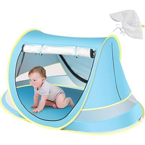 Baby Beach Tent with Baby Hat, Pop Up Toddler Travel Tent with Sun Hat for Boys or Girls, Sun Shade for Toddler Camping, Infant Portable Sun Shade, Summer Beach Baby (Blue Baby Tent with Hat)