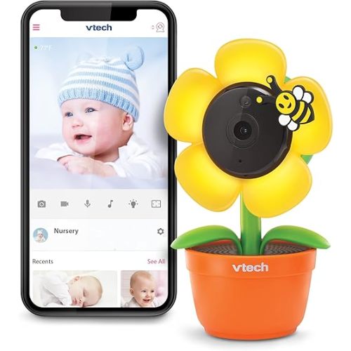 VTech RM9751 Yellow Daisy Smart Wi-Fi Baby Camera, iOS & Android Enabled, 1080p Full HD, Privacy Mode Cover, Night Light, Soothing Sounds & Lullabies, Two-way Intercom,Temperature Sensor, Night Vision