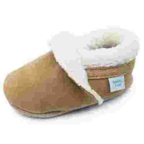 Dotty Fish Baby Soft Suede Slippers – Non-Slip, Fleece-Lined – Tan, 0-6 Months