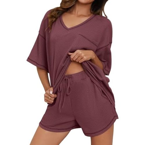 Womens Pajama Sets Waffle Knit 2 Piece Short Lounge Set Cute Sleep Loungewear Pjs Set Short Sleeve Top and Shorts