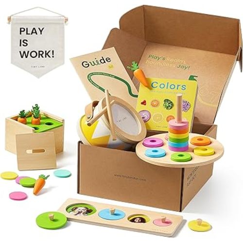 Tiny Land Montessori Toy Set for Baby 16-18 Months Adventure Play Kit - 7-in-1 Ramp Race Track, Shape Sorting and Color Matching Box, Lacing Beads Set, Silicone Nesting Dolls, Animals Board Book