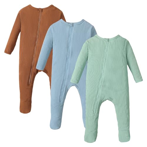 OPAWO Newborn Footie Pajamas with Mitten Cuffs Double Zipper Sleepers Baby Boy Girl Onesie Footed One-Piece Romper 0-6 Months