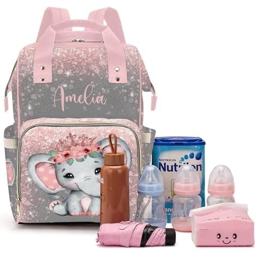 Voltexia Personalized Baby Elephant Diaper Bag with Flowers, Name & Thermal Pockets - Casual Travel Backpack for Baby Girl