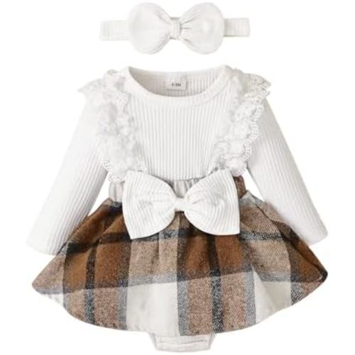 Baby Girl Clothes Fall Winter Outfit Plaid Romper Long Sleeve Dress Lace Ruffles Bodysuit with Bow Headband