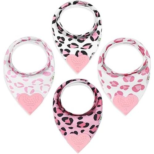Pickle & Olive - Baby Bandana Girl Teething Bibs with Attached Silicone Teether - Set Of 4 -Leopard