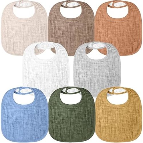 Bearmoss Muslin Baby Drooling Bibs 8 Pack, 100% Cotton Square Adjustable Bandana Bibs Gift for Baby Girls Boys Teething Drool