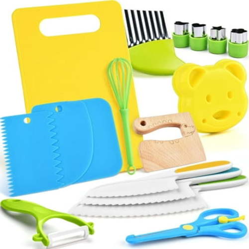 17PCS Kids Cooking sets Real Cooking Kitchen Tools for Toddlers Kids Safe Knives for 2/3/4/5/6/7/8 Year Old