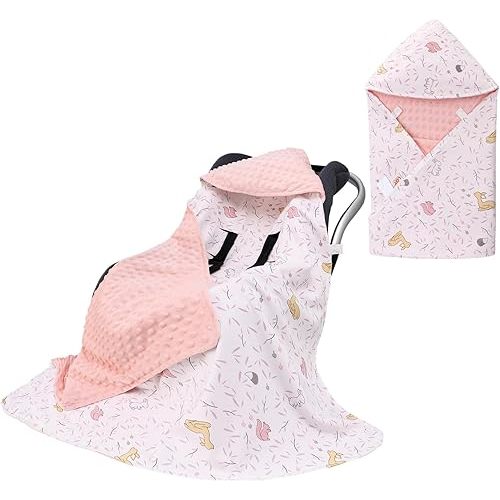 Baby Car Seat Blanket-Universal Car Seat Covers,Warm Swaddle Blankets for Infants Newborn,Boys and Girls Baby Bunting for Stroller,35"x35" (Pink Leaves Rabbit)