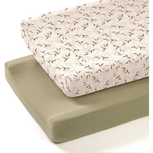 lulumoon Muslin Changing Pad Cover: 2-Pack Soft Breathable Cotton Boho Neutral Print for Baby Girls Boys - Nursery & Baby Shower