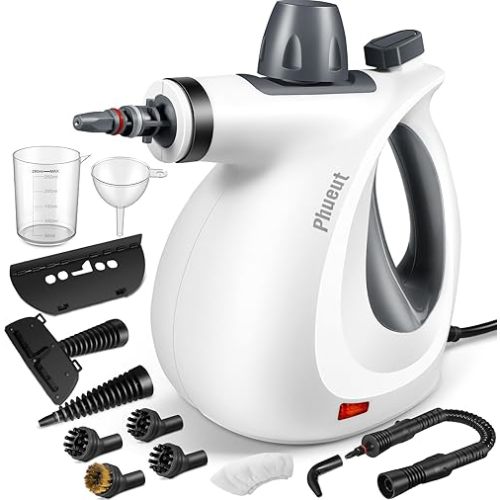 Pressurized Handheld Multi-Surface Natural Steam Cleaner with 12 pcs Accessories, Multi-Purpose Steamer for Home Use, Steamer for Cleaning Floor, Upholstery, Grout and Car (Grey)