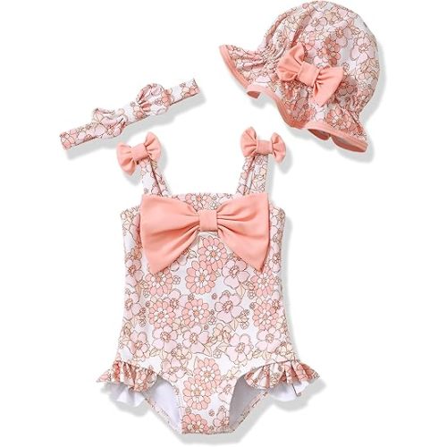 Renotemy Baby Girl Swimsuit Infant Bathing Suit Swimwear Sleeveless Bikini Tankini Toddler Girl One-Piece Swimsuit with Hat