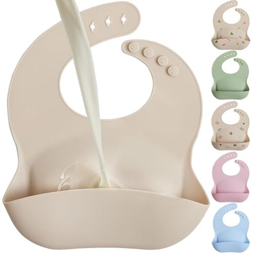MIGHTY MONKEY Extra Deep Pocket Waterproof Silicone Feeding Baby and Toddler Bib, BPA Free Bibs for Boy, Girl, Adjustable Mess Free Eating and Drinking Essentials, Drooling Teething Babies, Beige