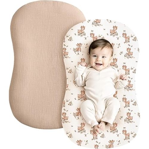 Konssy Muslin Baby Lounger Cover 2 Pack, 100% Cotton Newborn Lounger Cover, Soft and Breathable Lounger Cover for Boys Girls, Covers Only (Deer,Wheat)