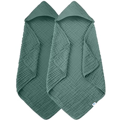 SWEET DOLPHIN Muslin Hooded Baby Bath Towels - 2 Pack 100% Cotton Towel for Babies, Infants, Toddlers - 32x32Inch - Highly Absorbent and Newborn Essential, Deep Emerald