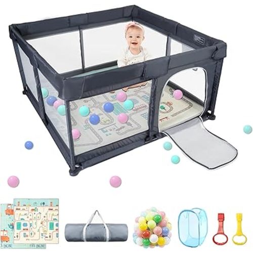 Baby Playpen 50" x 50", Baby Play Pen with Mat Portable Playpen for Babies and Toddlers for Indoor & Outdoor, Sturdy Safety Play Yard with Soft Breathable Mesh, Anti-Fall - DK. Grey