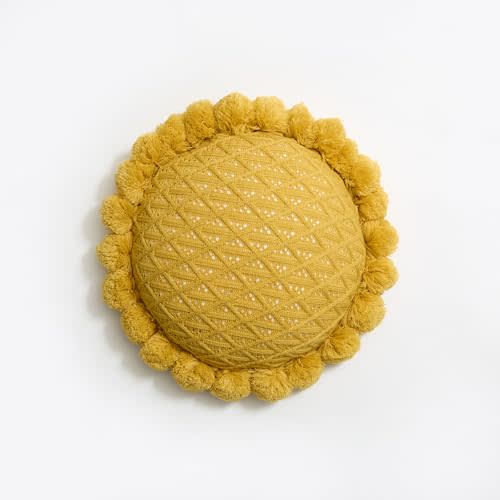 kitletsuit Acrylic Knitted Round Throw Pillow Knitting Bohemian Circular Cushion Pillow with Knit Handmade Pompoms Decorative Ginger Yellow, Diameter 18inches