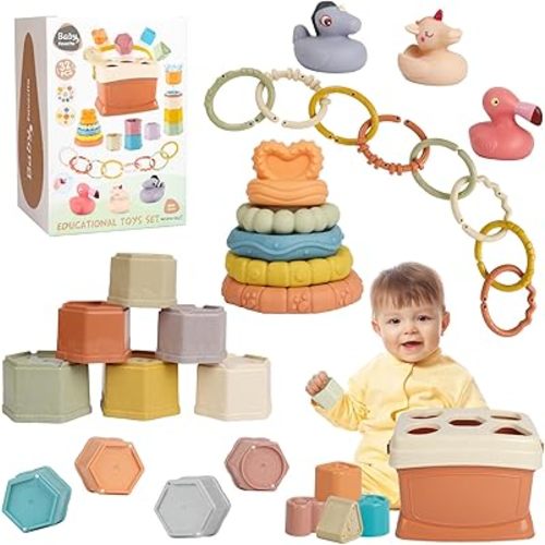 5 in 1 Montessori Baby Toys for 6-48 Months,Shape Sorters Stacking Cups,Rings Toy Links,Soft Stacking Rings,Blocks Set,Soft Animals Toys Shape Sorters for Toddlers 1-3