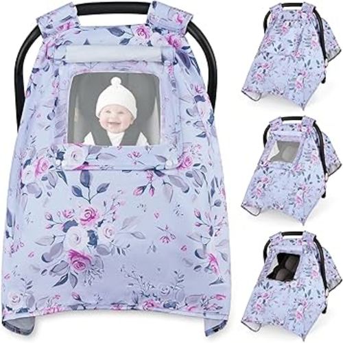 Car Seat Cover Baby, Carseat Covers Baby with 2 Layers Breathable Windows, Windproof Infant Car Seat Cover, Kick-Proof Baby Carrier Cover for Baby Girl Newborn Essentials