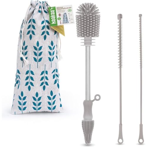 Haakaa Baby Bottle Brush Kit -Silicone Cleaning Brush for Breast Pump,Nipple,Breast Milk Storage Bag,Reusable Straw,Sippy Cup - Food Grade Silicone Bristles, Portable -3 Pcs - Light Gray