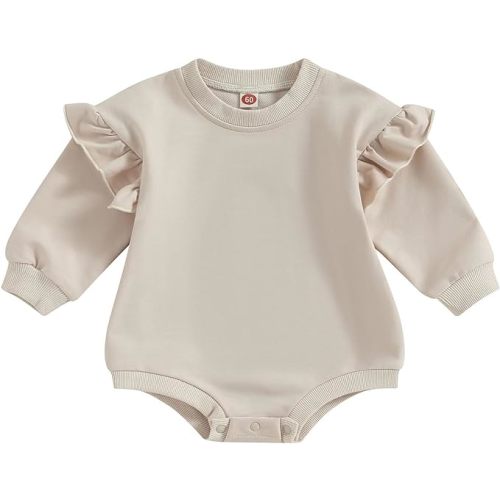 Newborn Baby Girl Oversized Sweatshirt Romper Ruffle Long Sleeve Crewneck Onesie Sweater Tops Infant Fall Clothes - 6-12 Months - Apricot