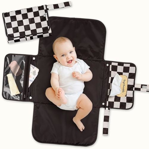 Tiny Twinkle Portable Diaper Changing Pad | Waterproof, Wipeable & Compact Baby Changing Pad for Travel | Smart Wipes Pocket & Organized Storage| Newborn Shower Gift (Black Checkers)