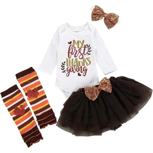 XFGLCK Newborn Baby Girl My 1st Thanksgiving Skirt Outfit Letter Print Romper Tutu Skirt Headband Infant Turkey Set