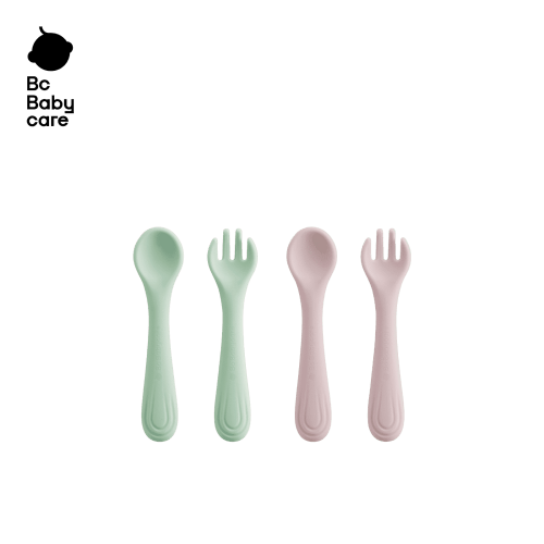 BC Babycare Toddler Silicone Forks Spoons, 4 Pack, Pink and Green,Baby Training Utensils for 6M+