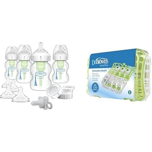 Dr. Brown's Anti-Colic Feeding Set with Slow Flow Nipples, Travel Caps & Pacifier + Dishwasher Basket for Bottle Parts