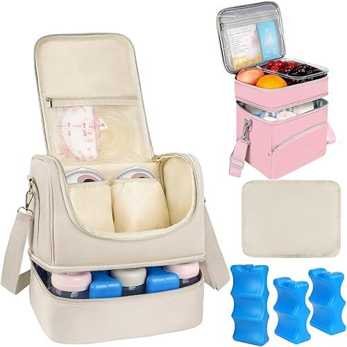 Wearable Breast Pump Bag with Cooler Compartment Compatible with Momcozy M5/S12 Pro, Elvie & Medela Pump in Style, Baby Bottle Cooler Bag with Ice Pack, Apricot & Black