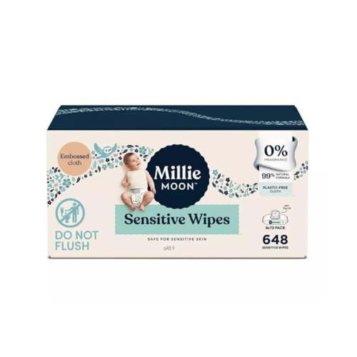 Millie Moon Sensitive Baby Wipes, 648 Count, 9 Packs of 72 Wipes(1Box)