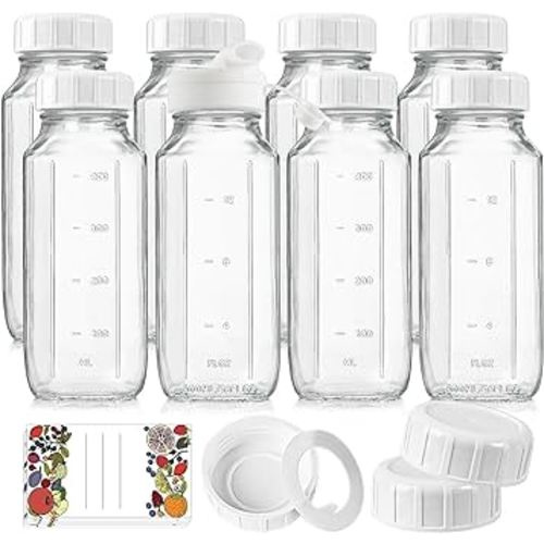8 Pack 16 Oz Reusable Glass Milk Bottles w 100% Airtight Heavy Duty SCREW Lid w Silicone Gasket - Glass Juice Bottles w Capacity Mark - Glass Beverage Drinking Jar Juice Container(Extra 2 Lid)