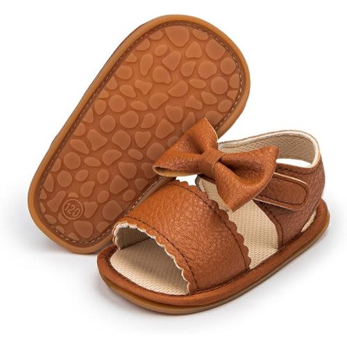 Meckior Baby Toddler Infant Girls PU Leather Soft Open Toe Summer Sandals Flower Princess Flat Shoes - 6-12 Months Infant - B01/Brown
