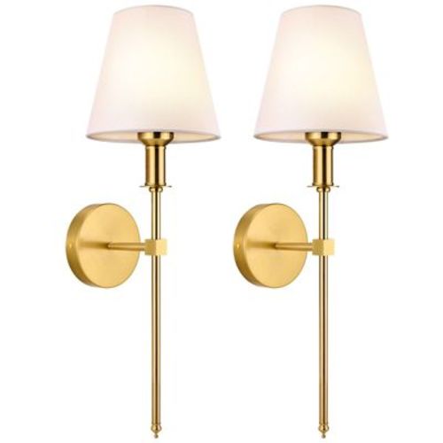 Sugift Wall Sconces Set Of 2, Modern Brushed Gold Wall Lights With Fabric Shades, Hardwired Vanity Lighting