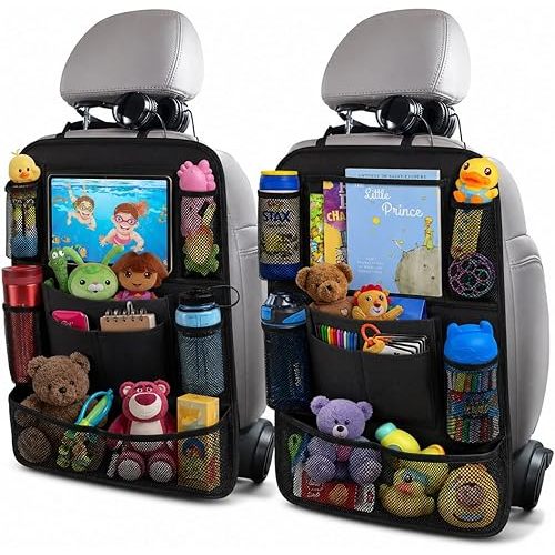 ULEEKA Car Backseat Organizer with 10" Table Holder, 9 Storage Pockets Seat Back Protectors Kick Mats for Kids Toddlers, Travel Accessories, 2 Pack