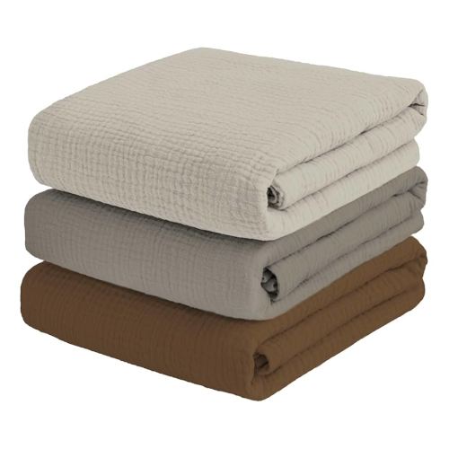 Muslin Swaddle Blankets for Baby Boy - 3 Pack 47x47 Inch Large Receiving Blankets, Soft Breathable Cotton Nursery Swaddles for Newborn, Infant & Todler (Cream White, Stone, Coffee)