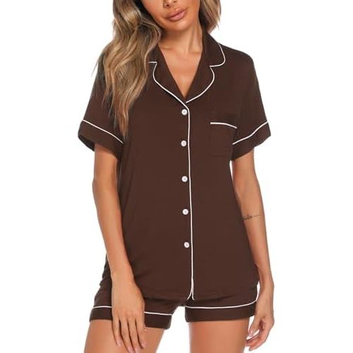 Aamikast Button Up Pajama Set for Women Shorts Short Sleeve Knit Sleepwear 2 Pice Pjs Sets