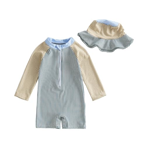 Toddler Baby Boys Seersucker Long Sleeve One Piece Rash Guard Swimsuit Zipper Bathing Suit Swimwear with Hat