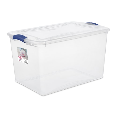 Sterilite 66 Qt. Clear Plastic Latch Box, Blue Latches with Clear Lid